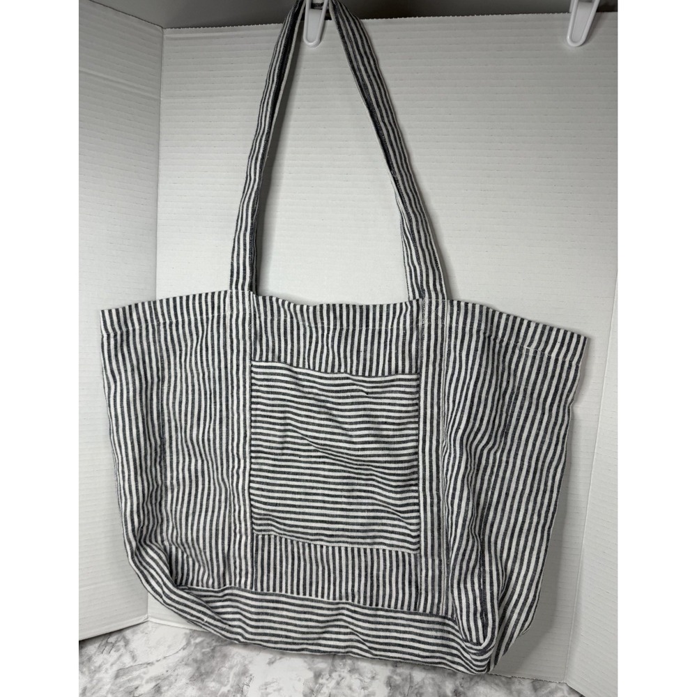 Garnet Hill European Flax Linen Market Tote Handbag Made In Italy Black & White